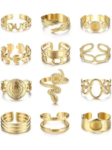 12Pcs Rings for Women Stainless Steel Stackable Rings Boho Signet Snake Ring Adjustable Open Ring Chunky Knuckle Rings Set Gold Fashion Rings