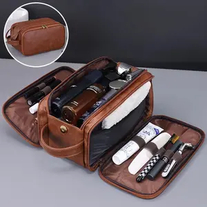 Toiletry Bag w/Handles for Men, Hygiene Organizer, Travel Dopp Kit, Mens Toiletries Organizer Case, Bathroom, Shaving, Cosmetic Storage, Travel  Essentials, PU Leather Water Resistant Cosmetic Bag PouchGift