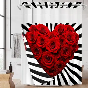 1PC/4PCS 2D Flat Printing Red Roses Heart Black and White Stripes Patterned shower curtain, home bathroom decor, shower curtain set with 12 hooks, non-slip bathroom rug, U-shaped toilet seat cover, toilet seat mat.