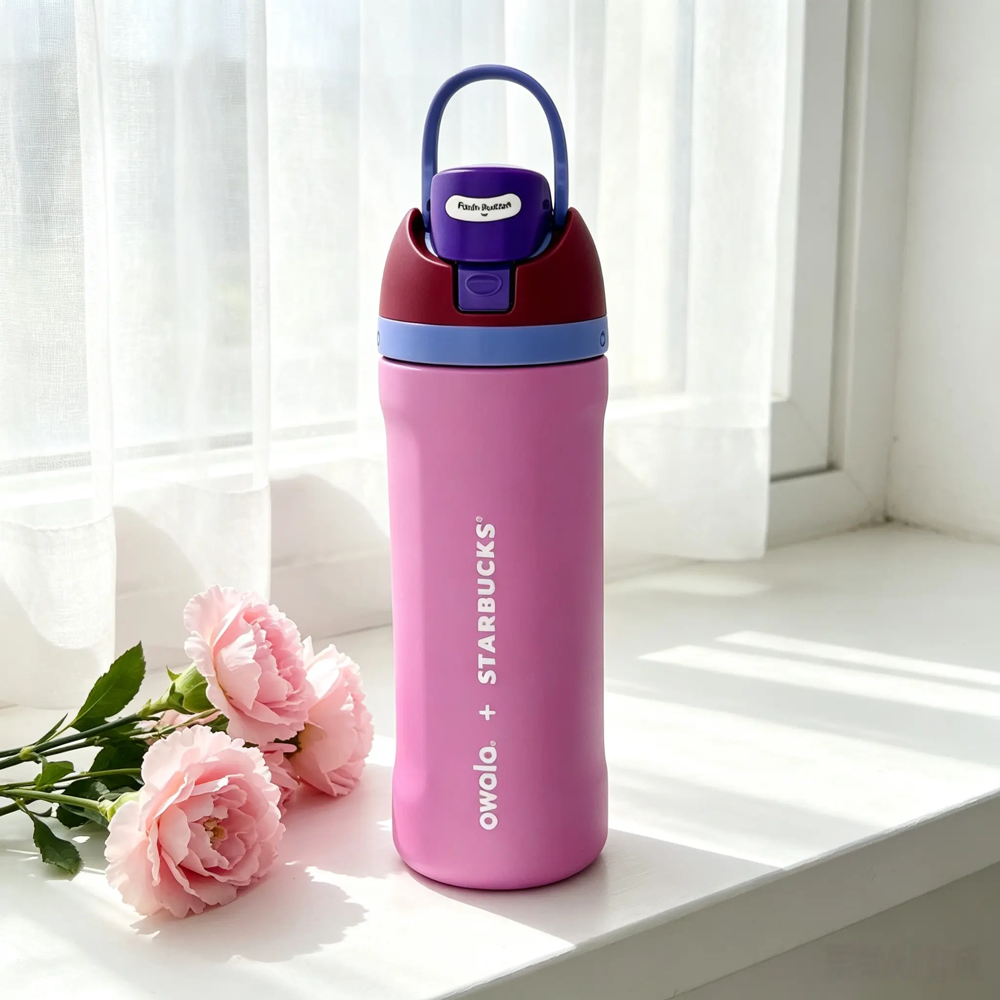 Owala FreeSip Insulated Water Bottle 24oz Pink Burgundy Purple, Keeps Cold 24 Hours, Push Button Dual Sip Lid, Leak Proof Stainless Steel Tumbler For School Gym Travel Car Daily Use Gift For Women Girls
