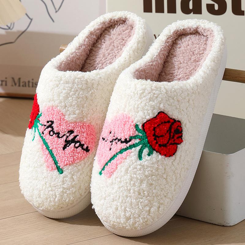 Women's Men's Cute Fuzzy Heart Slippers Memory Foam Fluffy Couple Slippers Cozy House Indoor Outdoor Shoes