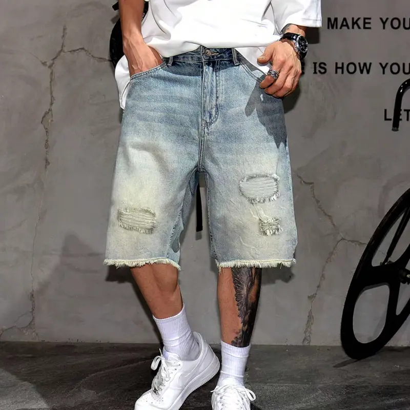 Men’s Vintage Distressed Ripped Denim Shorts, Loose Fit Frayed Hem Five-Pocket Jean Shorts