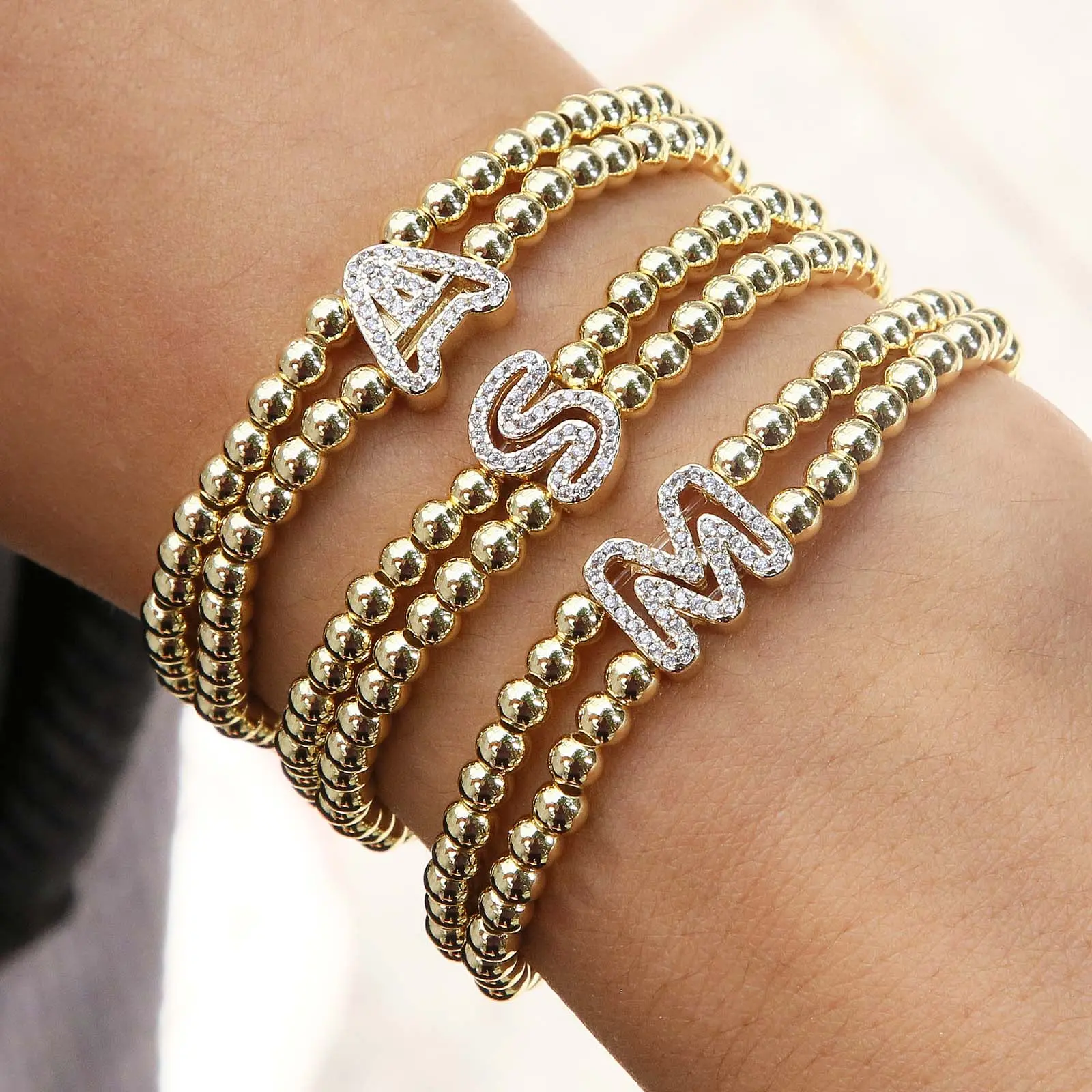 Chubby balloon bubble 26 letters double-layer beaded elastic rope bracelet girls daily jewelry name initials gift