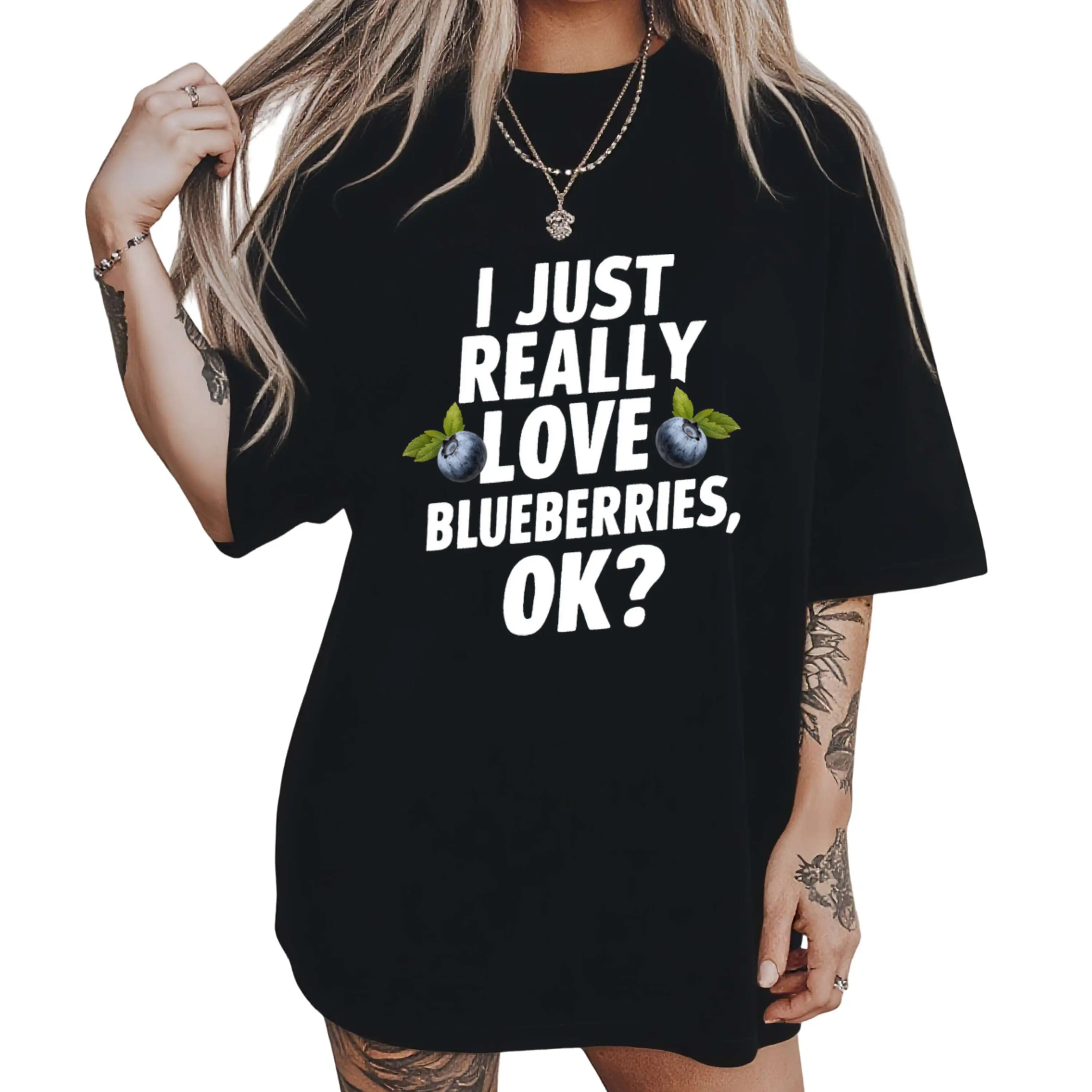 Women's Vintage Blueberry Graphic T-Shirt - "I Just Really Love Blueberries, OK?" Slogan & Berry Print - Soft Casual Short Sleeve Tee - Funny Foodie Apparel for Blueberry Lovers Cotton Fabric