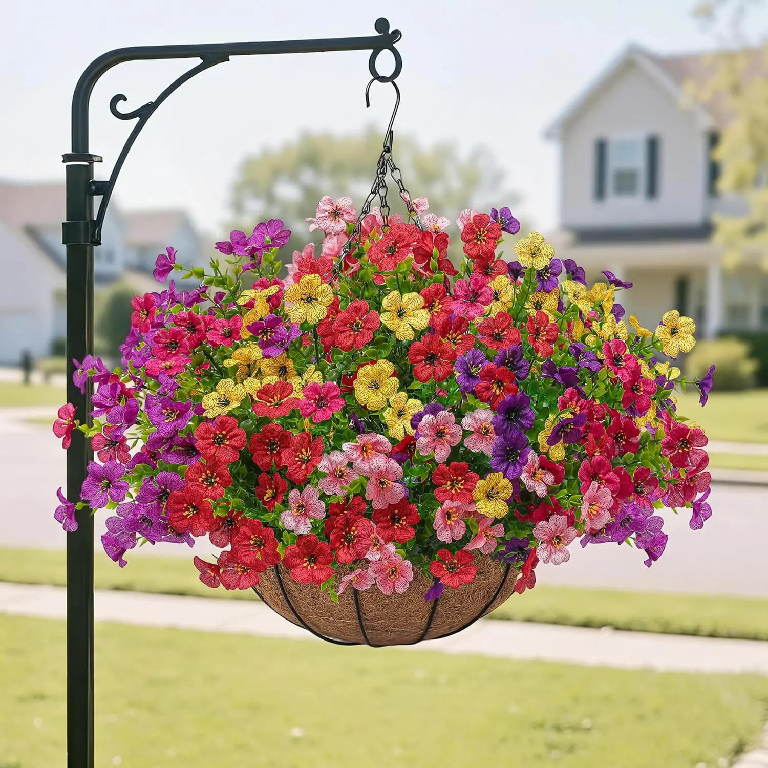 Artificial Faux Hanging Plants Flowers Basket for Outdoors Spring Summer Decoration,Hanging Planters with Fake Silk Flowers UV Resistant Realistic for Outside Porch Patio Balcony Garden