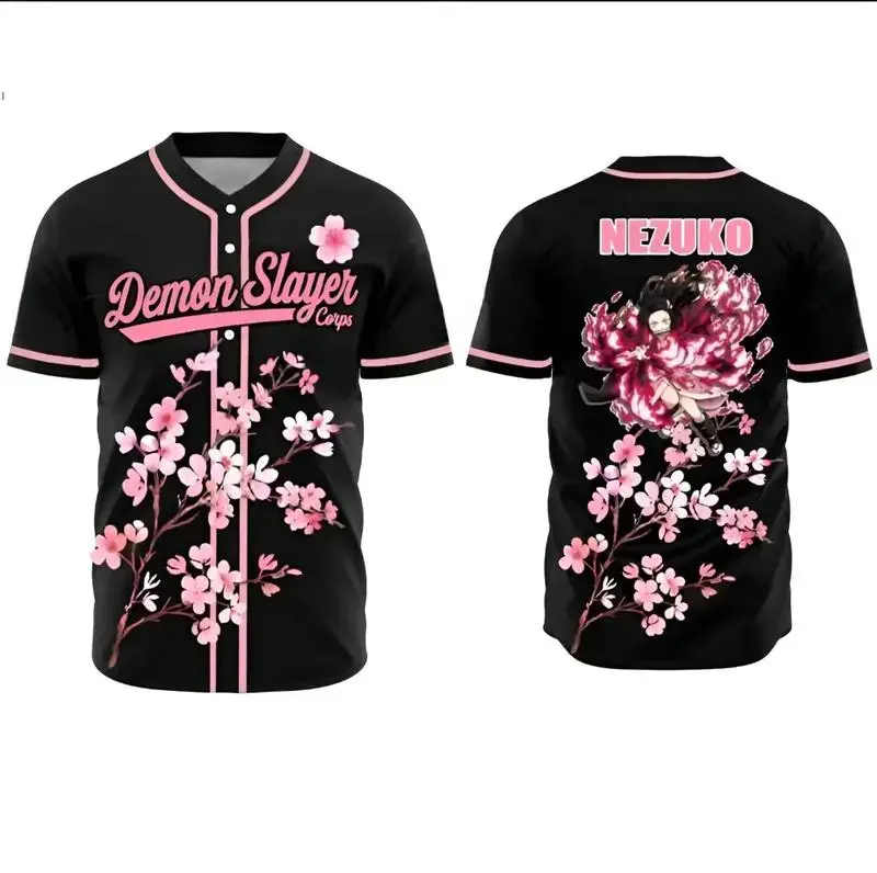 Nezuko Cherry Blossom Demon Slayer Baseball Jersey Anime Cosplay Unisex Shirt Kimetsu No Yaiba Otaku Gift for Fans Athletic Workout Tops