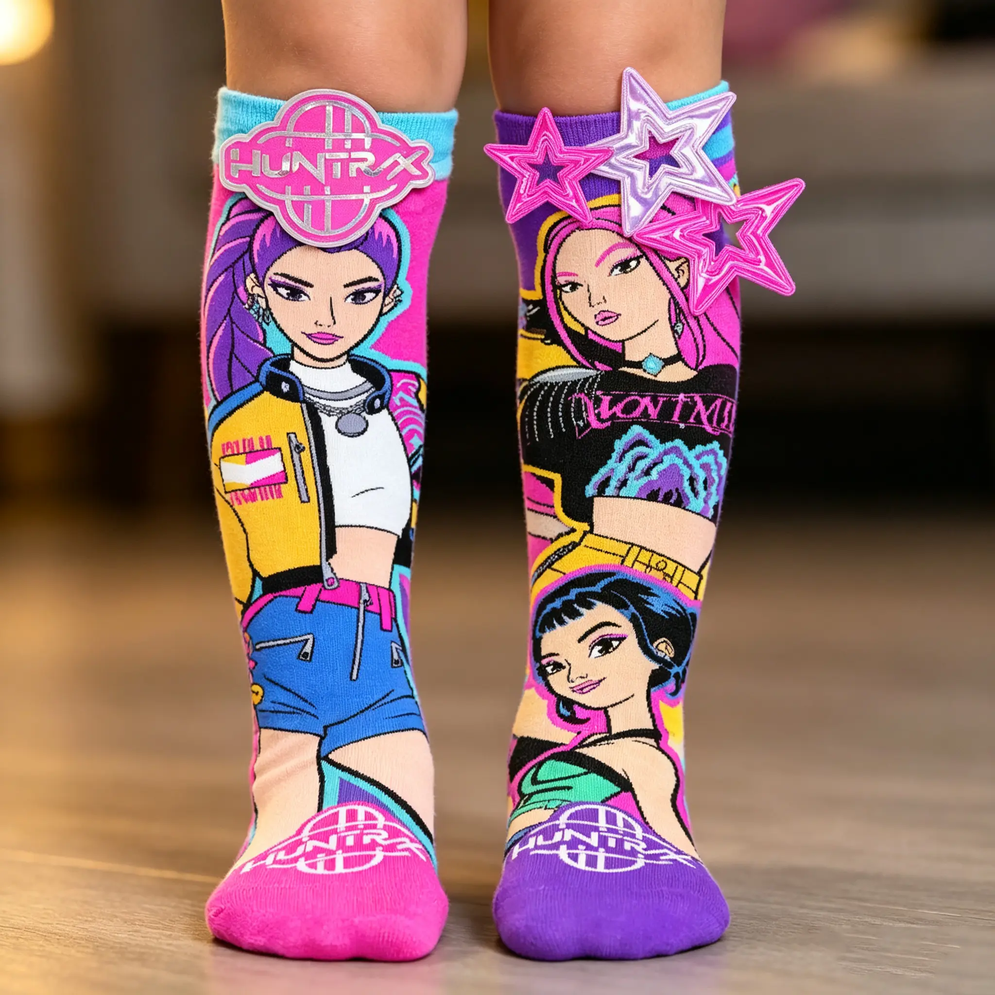 Kpop Demon Hunters Huntrix Knee High Socks, Vibrant Cartoon Character Print Long Tube Socks, Colorful Pink Purple Graphic Socks for Girls Teens, Cosplay Party Costume Accessory, Trendy Fan Gift for Daily Wear & Dress‑Up Outfits