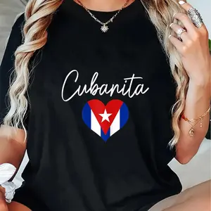 Cuban Flag Heart Print T Shirt for Girls Fashion Summer Casual Short Sleeve Top Cuban Fashion Style Proud of Cuba Design