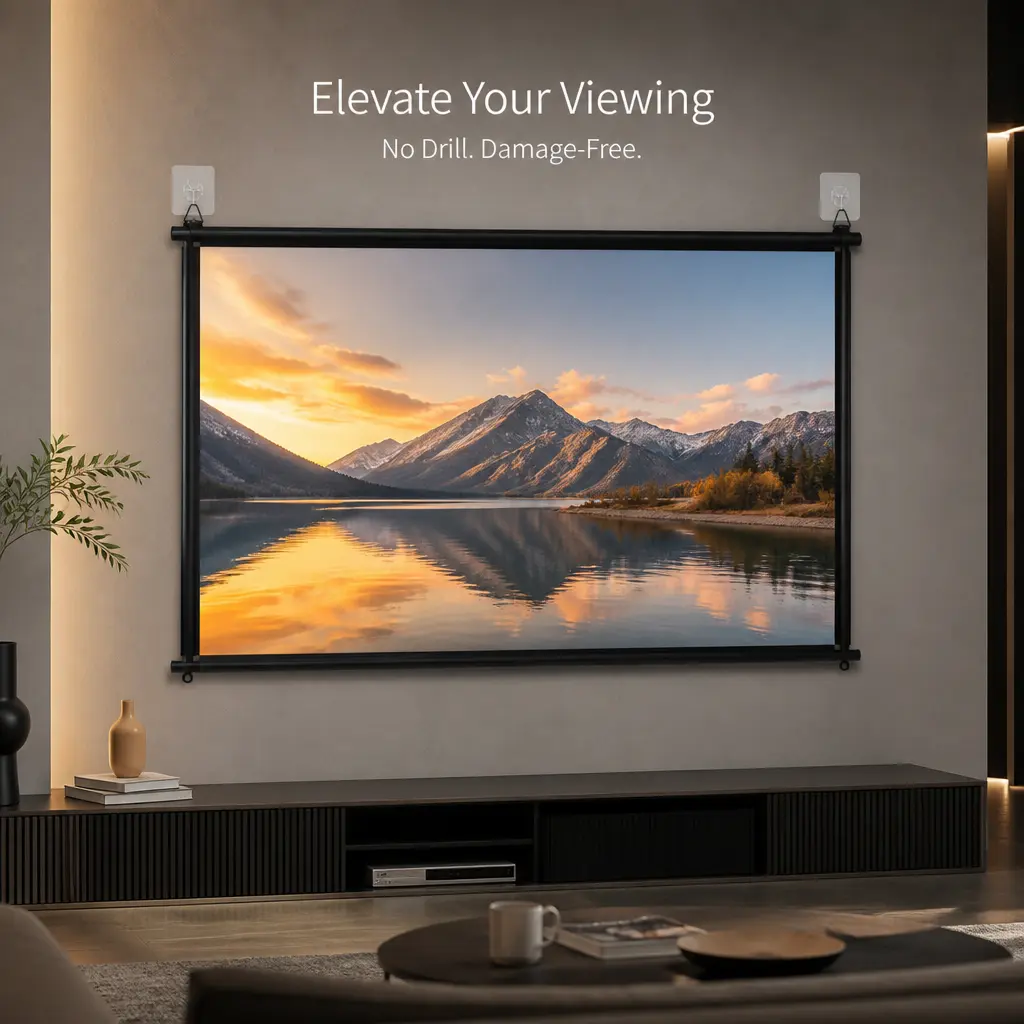 No Drill Metal Frame Projector Screen, Anti-Glare HD Projection Screen, Wrinkle-Free, Easy-Installation Home Theater Accessory for Bedroom, Living Room