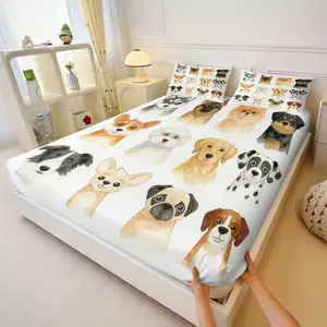 Watercolor Dog Print Fitted Sheet Set, Includes 1 Comforter & Pillowcases, Soft Polyester Fabric, Ideal for Pets' Beds, Soft Bedding Set