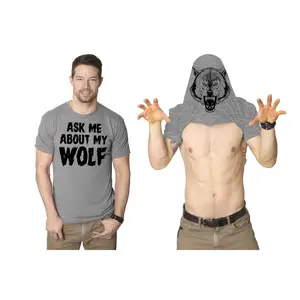 Ask Me About My Wolf Flip T Shirt Cool Design Funny Saying Novelty Graphic Mens Funny T Shirts Cool Vintage Fashion T-Shirt Gift Classic Menswear Flip Apparel for Men Funny Animal Short Sleeve Novelty Tees for Light Grey
