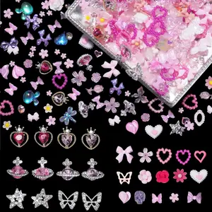 3D Color Assorted Bows Nail Charms, Silver Heart Star Metal Nail Gems and Charms Pink Color Bows Flowers Acrylic Nail Art Charms, 3D Pearls Heart Charms for Nail Art Accessories