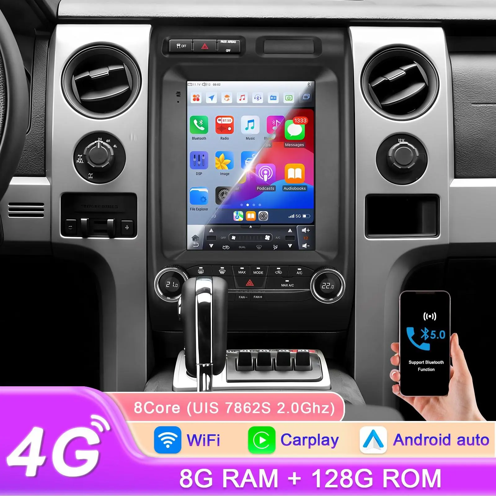 Hizpo 9.7" 2DIN Android 14 Double Din Touchscreen Car Video Player - 8+128G, CarPlay, Android Auto, GPS, WiFi, DSP Intelligent Stereo Radio Head Unit for Ford F-150 2009-2014, Touchscreen Head Unit