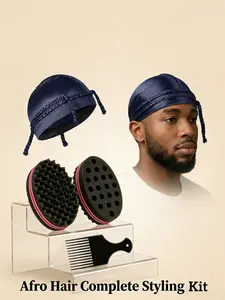 Afro Curly Hair Styling Tool Set, Large Hole Sponge Brush, Wave Hair Brush, Afro Pick Comb, Satin Wave Cap, Perfect for Coily, Kinky, Wavy Hair