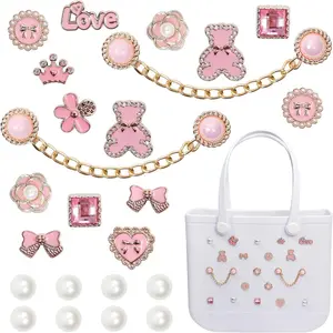 24 Pcs Pink Beach Charms for Bogg Bag, DIY Accessories Flower Love Pearl Chain Cute Decoration Bag Charms for Bogg Bags Rubber Tote Beach Bags for Women