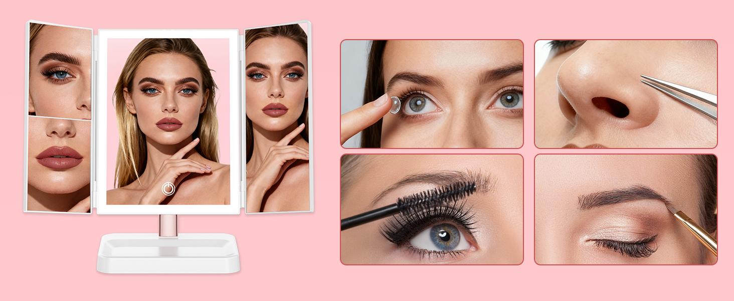 Lighted Makeup Vanity Mirror, Height Adjustable Trifold Mirror with Seamless Light Strip, 1X/2X/3X/10X Magnification, 2000mAh Rechargeable Desk Mirror, Dimmable 3 Color Lighting – Ideal Gift for Mom on Mother's Day