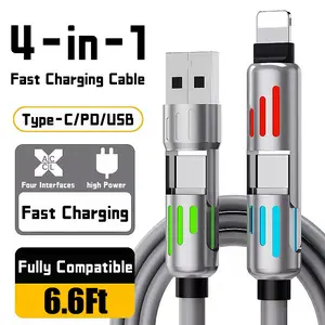 6.6Ft Multi-Functional 4-in-1 USB Cable USB A Type C Lightning Fast Charging Data Sync for Mobile Phones Tablets Breathing Light Indicator