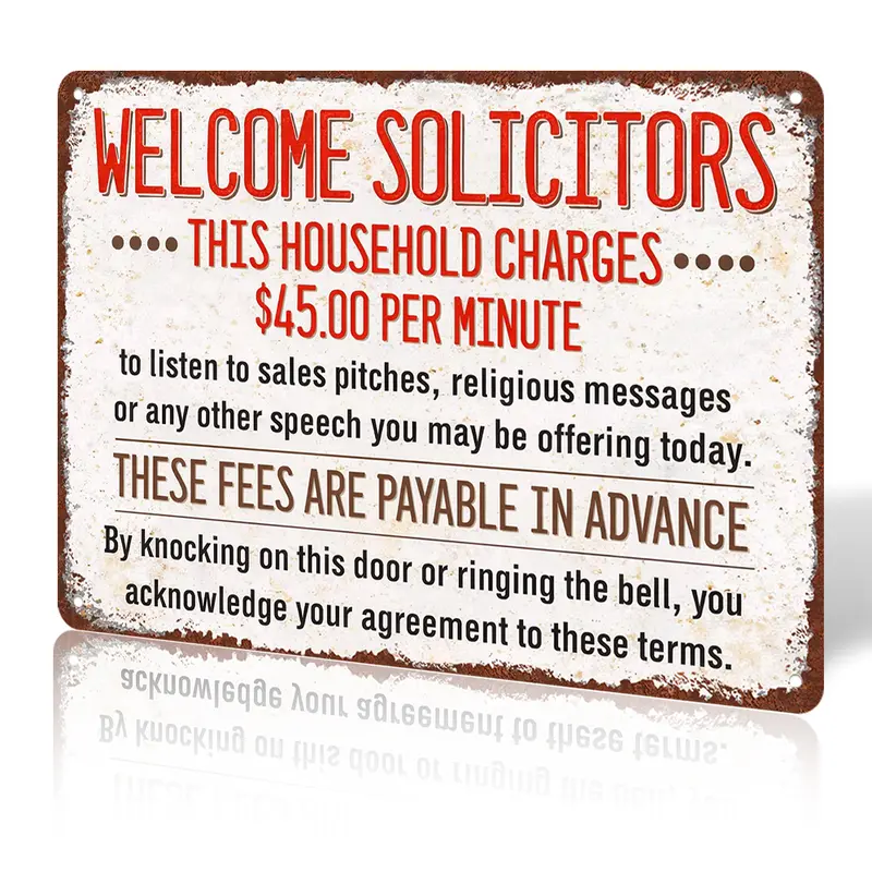 8x12 Inch Aluminum Humorous Welcome Solicitors Decorative Plaque Sign - $45 Per Minute Adult Front Door Sign, Vintage Metal Office Home Decor