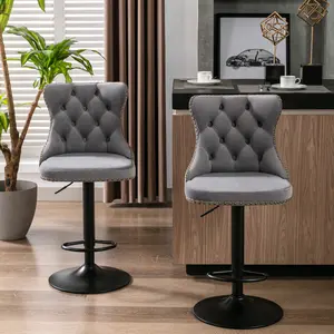 Swivel Bar Stools Set of 2, Adjustable Velvet Counter Height Barstools with High Back & Nailheads Trim, Modern Upholstered Bar Chairs for Dining Room Home Bar Kitchen Island, Grey