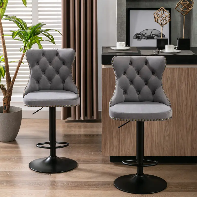 Swivel Bar Stools Set of 2, Adjustable Velvet Counter Height Barstools with High Back & Nailheads Trim, Modern Upholstered Bar Chairs for Dining Room Home Bar Kitchen Island, Grey