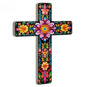 Mexican Style Spanish Religious Wall Cross Decoration, Stylish Religious Decor, Vibrant Floral Design Artificial Wood Art, Perfect for Home & Church Decor, Wooden Cross Decorations