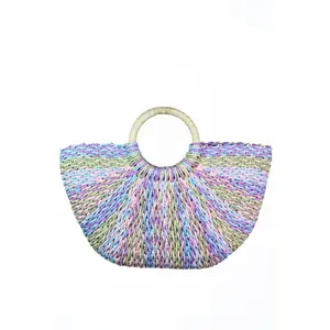 Multicolor Raffia Handbag w/ Circle Handles