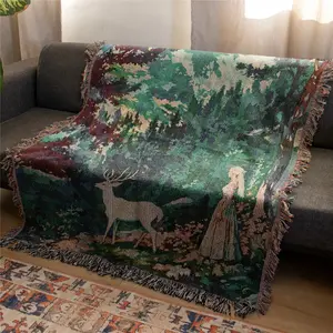 Deer And Woman Pattern Bohemian Yarn Jacquard Woven Blanket with Tassel, Thick Soft Washable Boho Throw Blanket, Used for Home Decor Sofa Chair Bed Tapestry Tablecloth Floor Garden Picnic Outdoor Camping