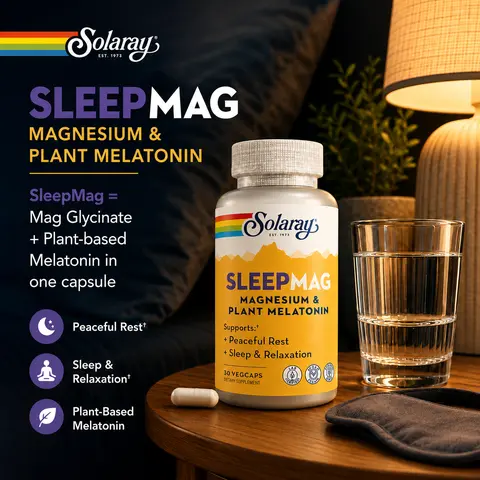 Solaray SleepMag Magnesium & Plant Melatonin 50 mg Magnesium Glycinate 1 mg SOMATO Melatonin for Peaceful Rest & Relaxation 30 VegCaps