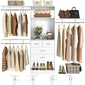 Unikito 8FT Sturdy Wood Closet System - 96" W x 16" D x 80" H Cut-to-Fit Walk-in Cabinet Organizer with 4 Drawers, Mirror, Hanging Rods & Tower Wardrobe Insert