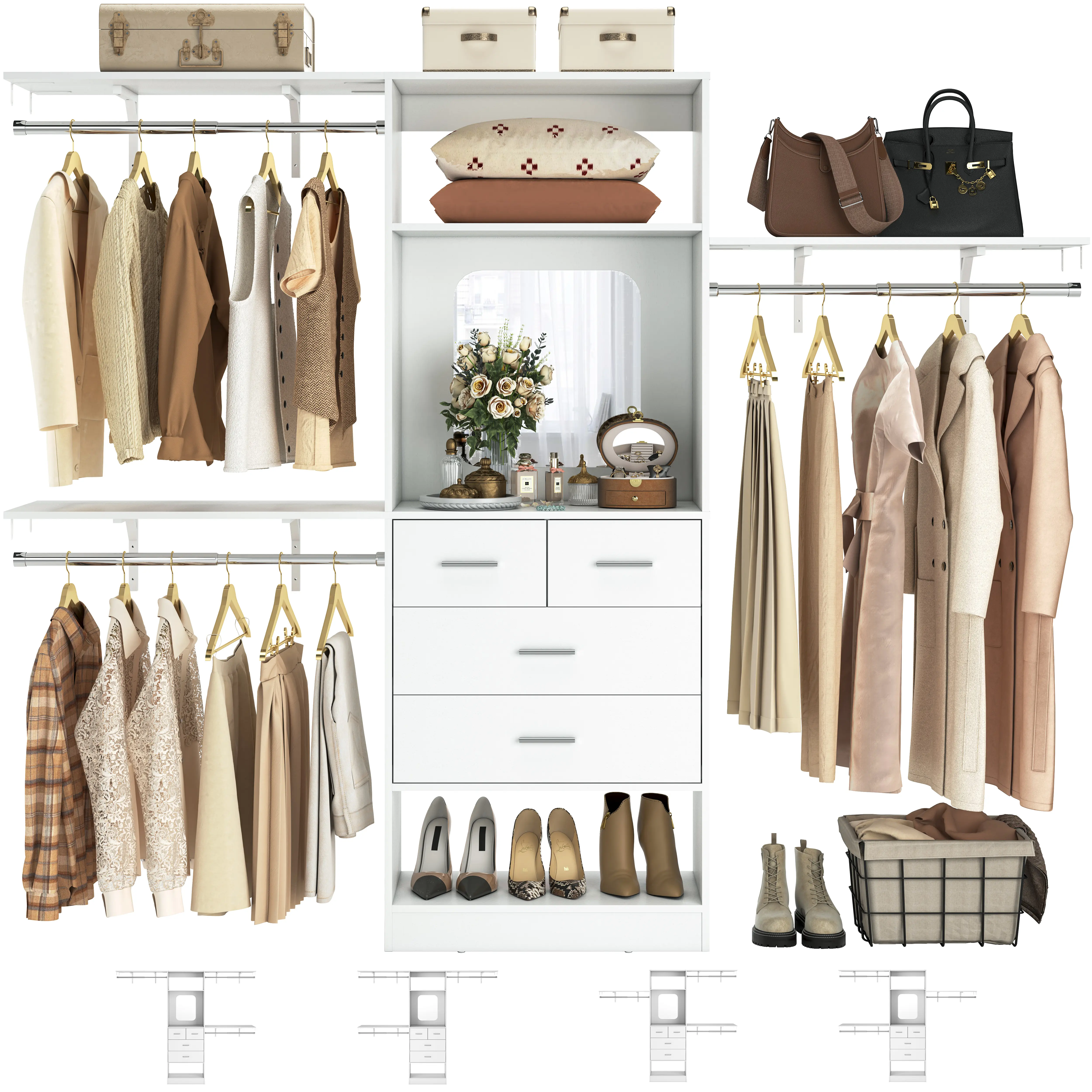 Unikito 8FT Sturdy Wood Closet System - 96" W x 16" D x 80" H Cut-to-Fit Walk-in Cabinet Organizer with 4 Drawers, Mirror, Hanging Rods & Tower Wardrobe Insert