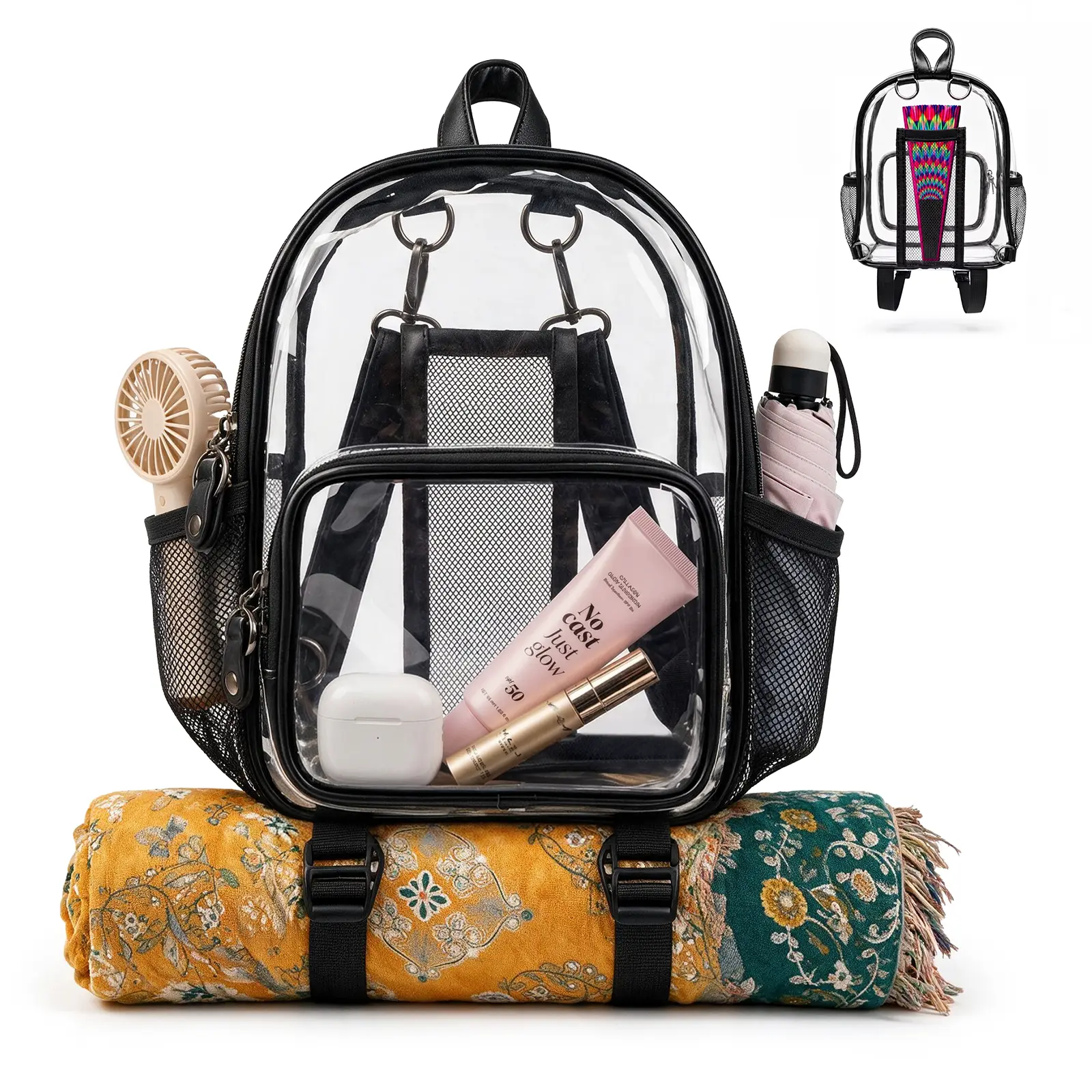 Mini Clear Backpack for Stadium Events Anti-Theft Small Festival Transparent bag with Fan Holder for Concerts, Rave