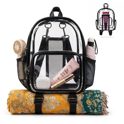 Women's PVC Plaid Casual Zipper Mini Transparent Backpack - Anti-Theft Bag with Fan Holder for Stadium Events, Concerts