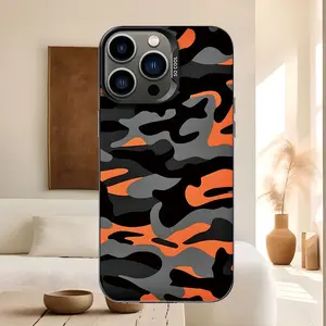 Camouflage black orange gray pattern, anti drop, anti slip, large hole lens phone protective case, suitable for iPhone 17, 16, 15, 14, 13, 12, 11 XS X and other series models, can be given as a gift to friends or family