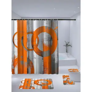1/4pcs Modern Abstract Orange & Gray Bathroom Set, Suitable For YLTZ Products - Includes Shower Curtain, Bath Mat, U-Shaped Mat, Toilet Lid Cover & 12 Hooks, Size 71x71 Inches, Machine Washable Coordinated Set, Shower Curtain, Waffle Shower Curtain