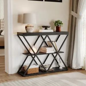 Garvee Mesa Industrial Console with 3 Open Shelves, Metal X-Frame, Rustic Wood Surface, Adjustable Legs – Perfect for Entryway, Hallway, or Living Room Storage and Organization