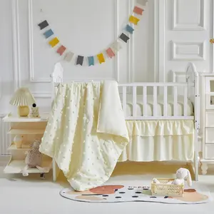 3 Pieces Crib Bedding Set Tufted Dots Baby Comforter with Fitted Sheet and Bed Skirt - Cute Embroidery Boho Bedding Soft Blanket Pom Pom Tufts Crib Bed Set Beige