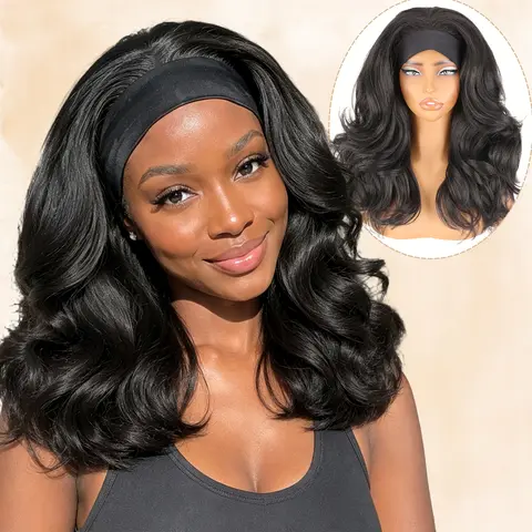 SOKU Wear and Go Headband Wig 18 Inch Yaki Texture Synthetic Wig, 180% Density Glueless No Lace Heat Resistant Fiber Fashion Wigs for Women Unisex Daily Wear