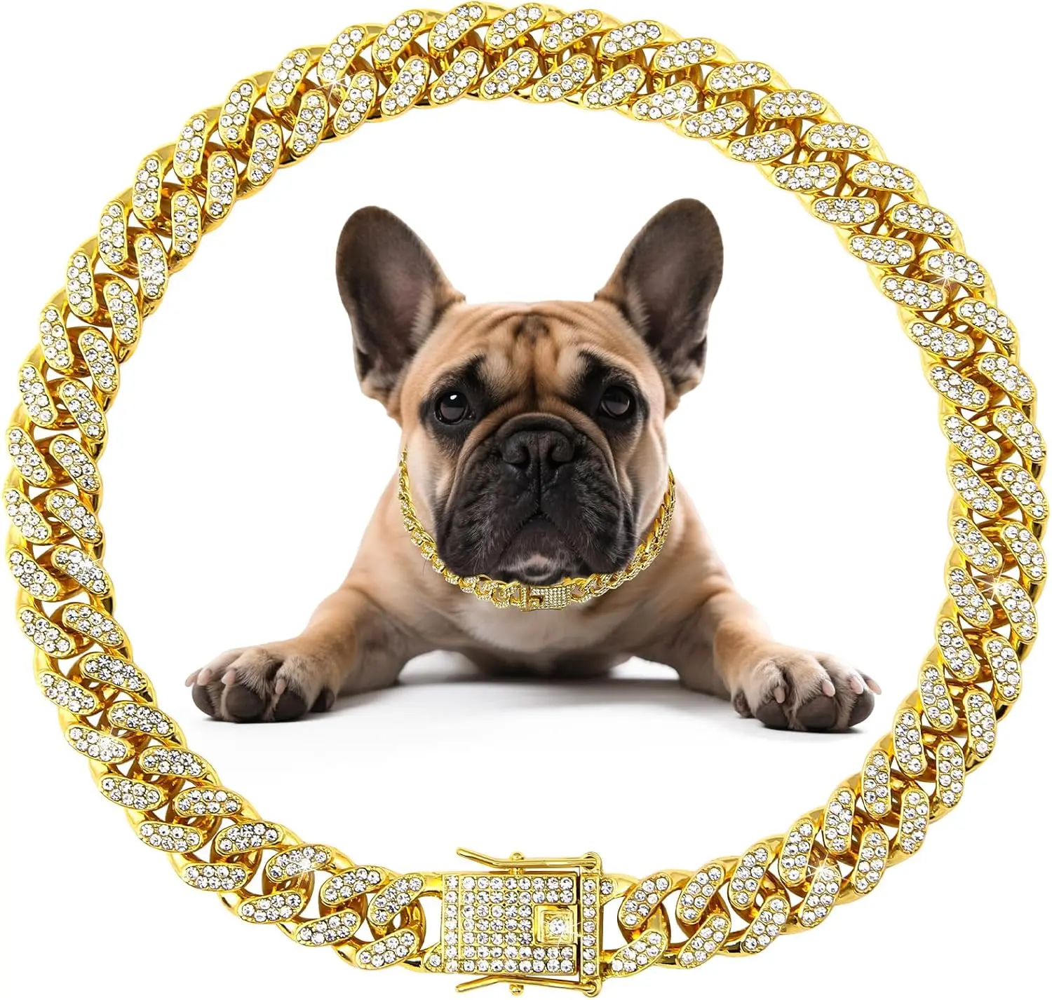 Bling Stylish Fashionable Sparkling Dog Cuban Link Metal Collar with Secure Buckle, Walking Chain Necklace Jewelry Accessories for Small to Large Dogs