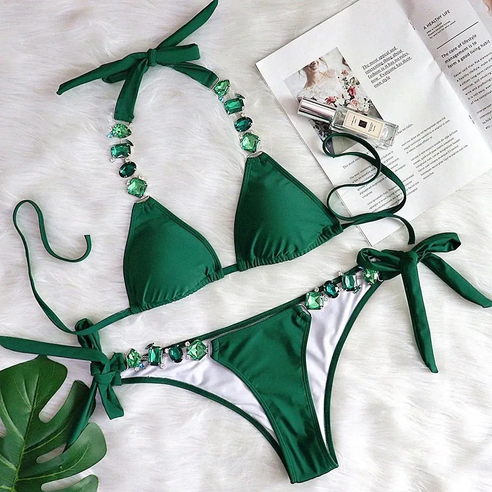 New Leopard Print Crystal Diamond Bikini Women Swimsuit Female Brazilian Swimwear Two-pieces Bikini set Halter Bathing Suit