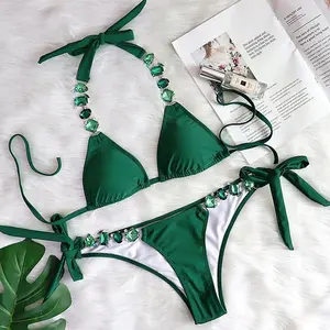 New Leopard Print Crystal Diamond Bikini Women Swimsuit Female Brazilian Swimwear Two-pieces Bikini set Halter Bathing Suit