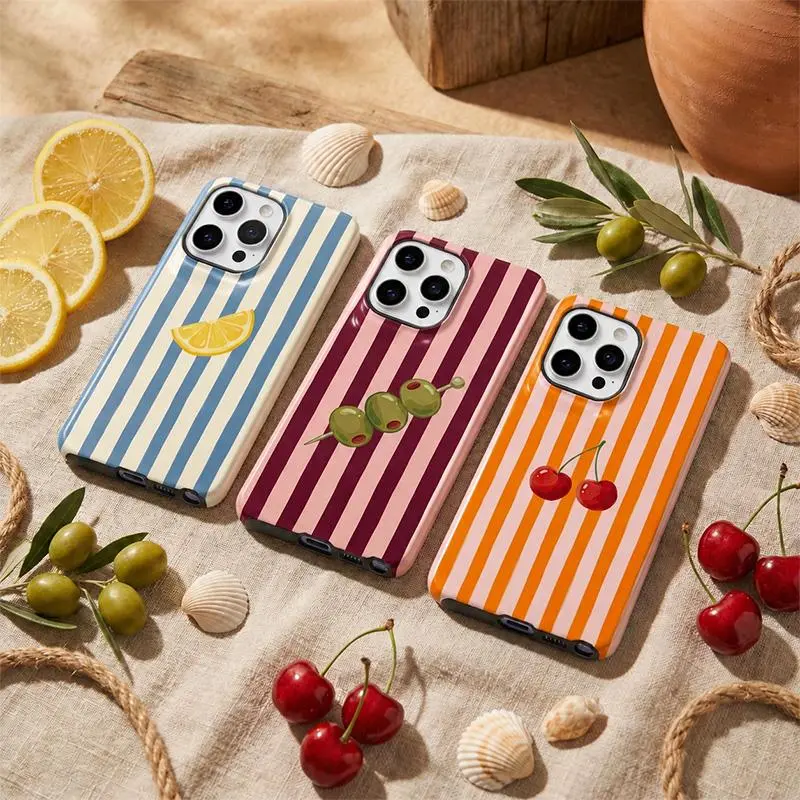 Retro Striped Fruit TPU Phone Case - Cute Summer Cover with Lemon, Cherry, Olive - Compatible with iPhone 17 Pro Max,16,15,Samsung S26 Ultra,S25 FE,S24,S23 - 975 Outdoorfun