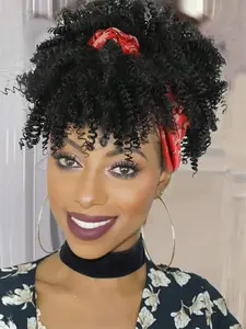 Women's Headband Wig, Afro Kinky Curly Design, Synthetic Short Hair, All-Season Wear, Bob Style, Easy-To-Wear Headwrap