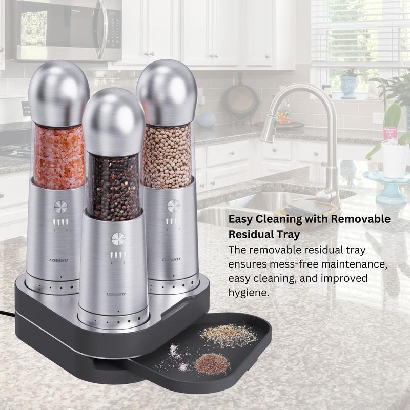 [Large Capacity and Stainless-Steel ]  Electric Salt and Pepper Grinder Set of 3 with Wireless Charging,Stainless-Steel ,3.2oz Larger Rechargeable Automatic, One Hand Button Use, Adjustable Coarseness, Easy Clean, parents Gift