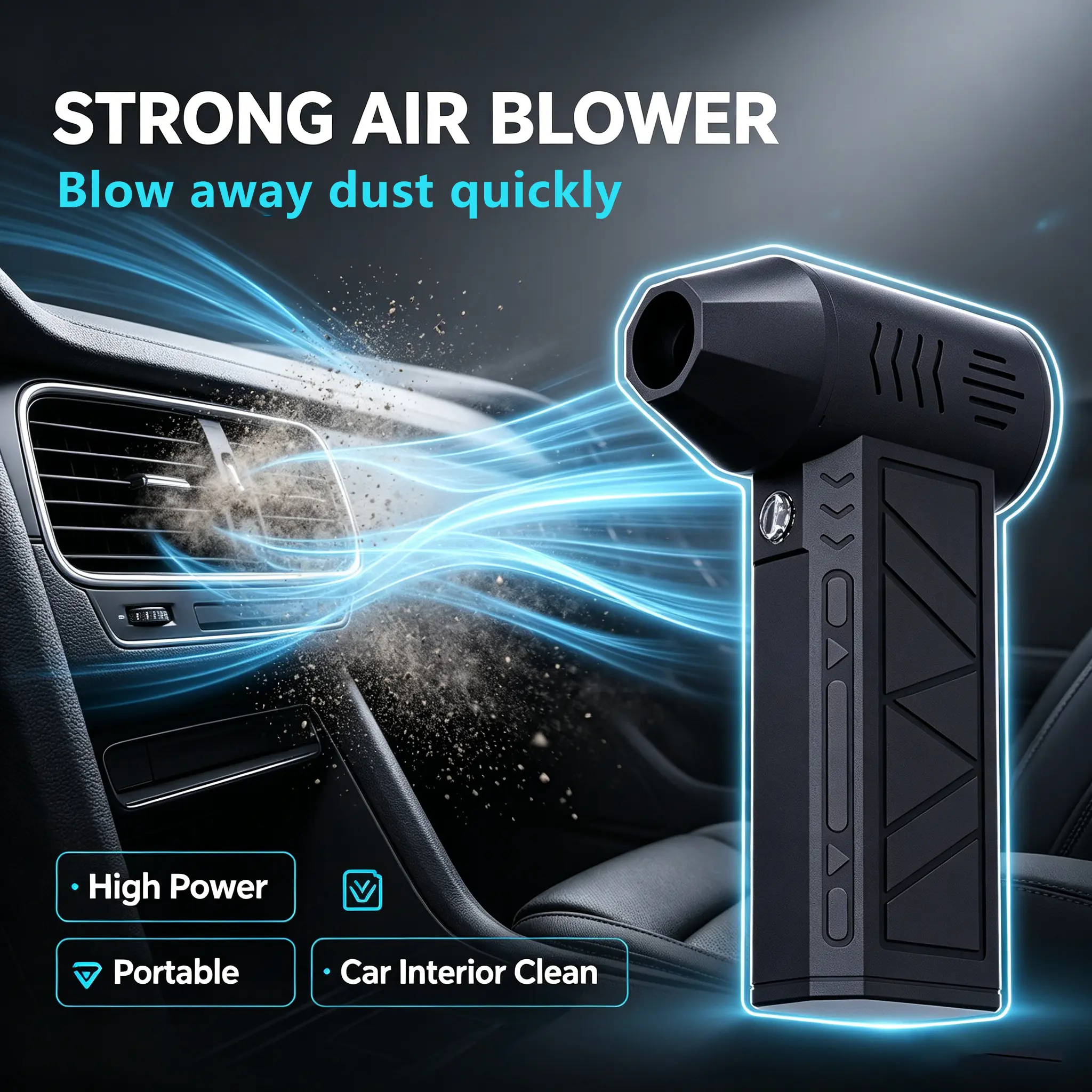 LED turbo blower fan, mini turbo air blower, handheld turbo hair dryer, LED-equipped turbo low-speed electric blower, cordless pneumatic dust remover, suitable for cars, home, keyboards, and computers