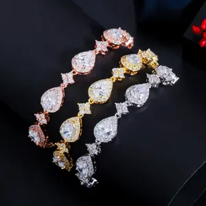 Adjustable 7-8 Inch Teardrop Geometric Bracelet, Unisex Copper Cubic Zirconia Bracelet, Classic Couple Jewelry for Anniversaries Birthdays, High Quality Gift with Box