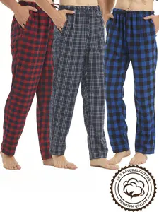 Men's 3pcs Plaid Print Flannel Pajama Pattern Pants, Casual Comfy Drawstring Waist Pocket Straight Leg Lounge Trousers, Sleepwear Bottoms for All Seasons