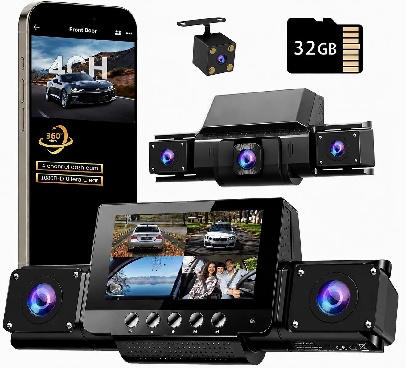 360 View 4 Channel Dash Cam Front and Rear Left Right Inside Camera for Cars,  Night Vision, 160 Wide Angle, WDR, 24H Parking Mode, Supercapacitor, Included 32GB Card