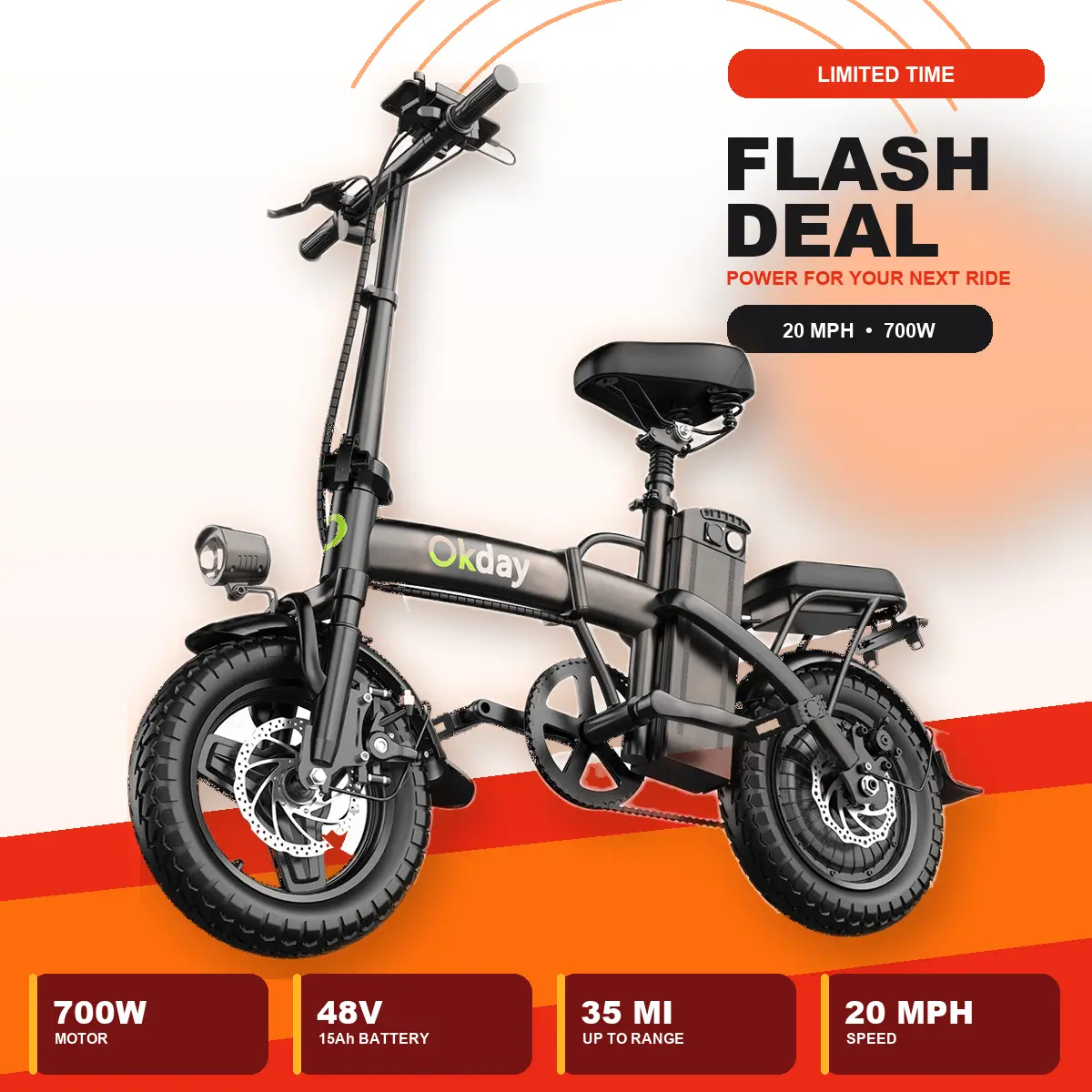 Okday 14 Inch Foldable Adult Electric Bike, 700W Motor 48V 15Ah Battery, Dual Suspension Disc Brakes, Foldable Steel Frame Commuter Ebike, Portable Electric Bicycle for City Commute