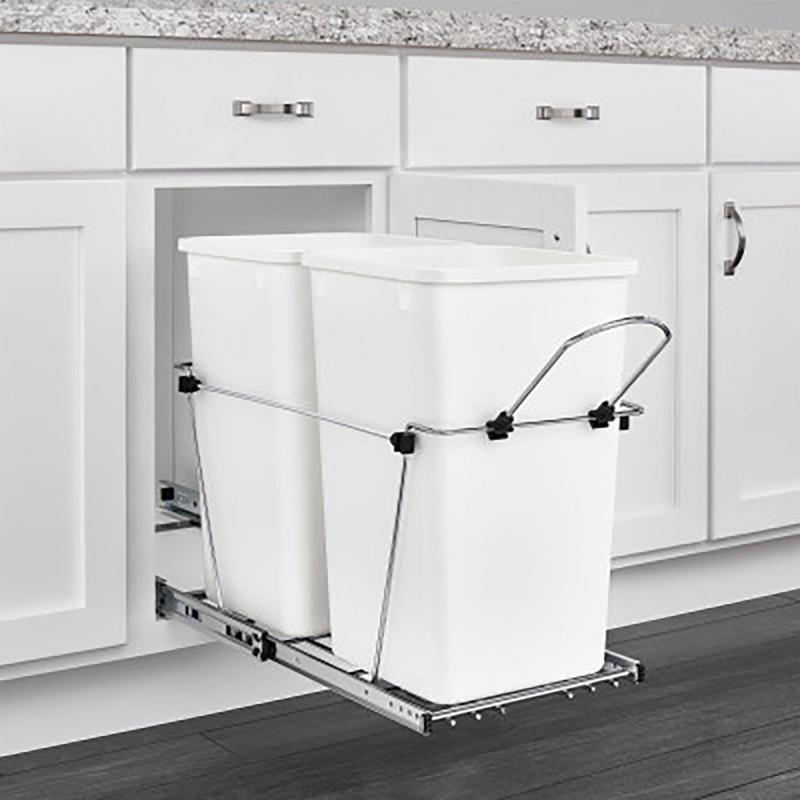 Rev-A-Shelf Double Pull Out Trash Can 27 Qt for Kitchen, White, RV-15KD-11C S