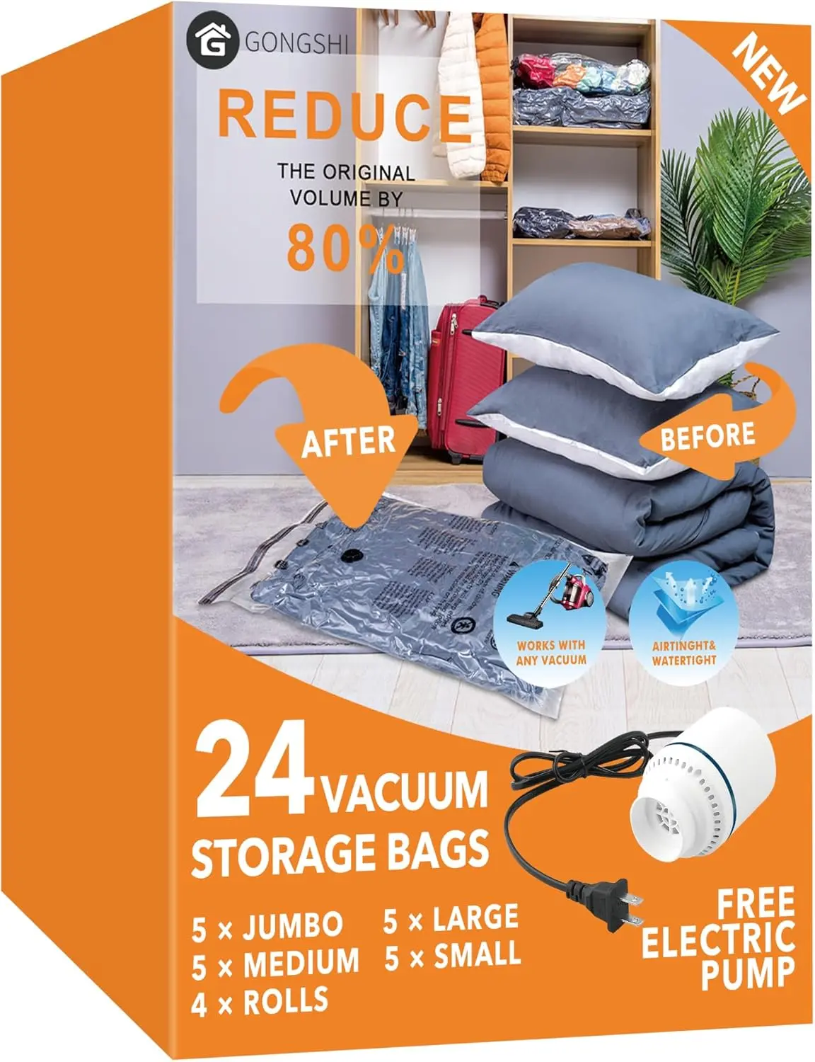 Vacuum Seal Bags for Clothing Travel & Home, Travel Vacuum Bags with Pump,Saver for, Comforters, Pillows, Clothes,24 Combo with Electric Pump